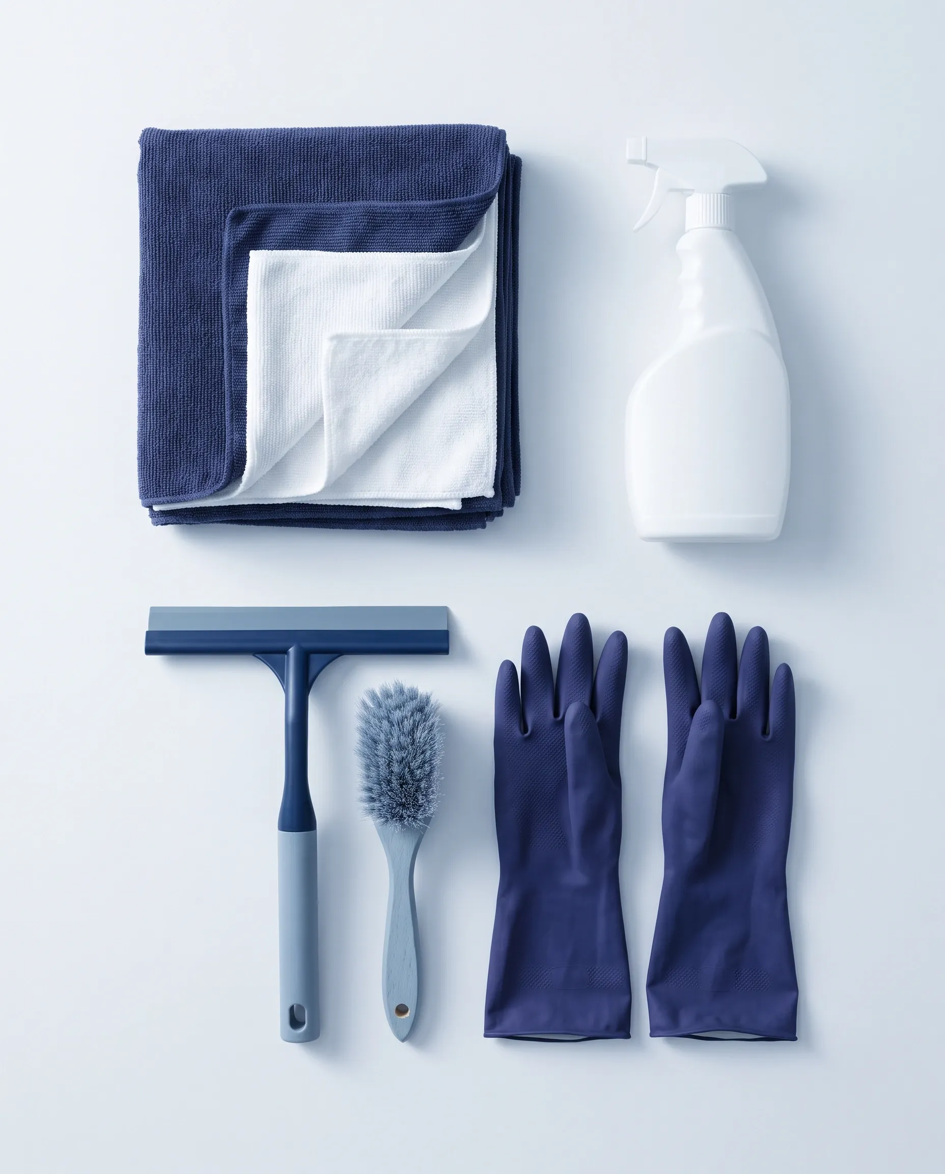 Chiffons, flacon pulvérisateur, raclette, brosse et gants disposés à plat