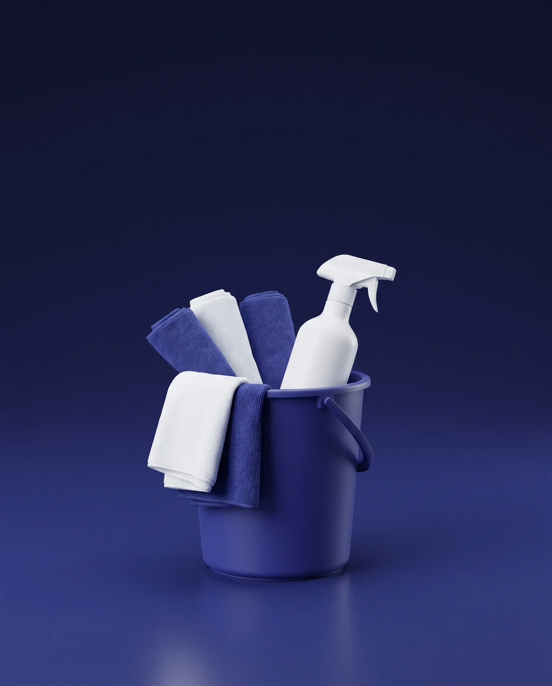 Seau bleu avec chiffons en microfibre et flacon pulvérisateur